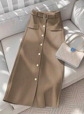Women's Simple Button-Up Front Detail A-Line Knee-Length Work Skirt Fall